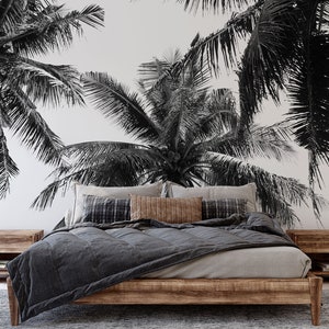 Palm Trees Monochrome Tropical Wallpaper, Tropical Trees Wall Mural • Peel and Stick *self adhesive* or Non-Pasted Vinyl Materials •