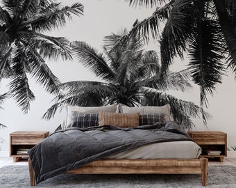 Papel pintado tropical monocromático con palmeras, mural de pared con árboles tropicales • Materiales autoadhesivos o de vinilo sin adhesivo •