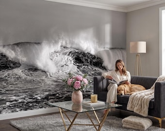 Black and white sea wave photo wallpaper, marine wall mural, home decor, peel and stick *self adhesive* or traditional vinyl paper