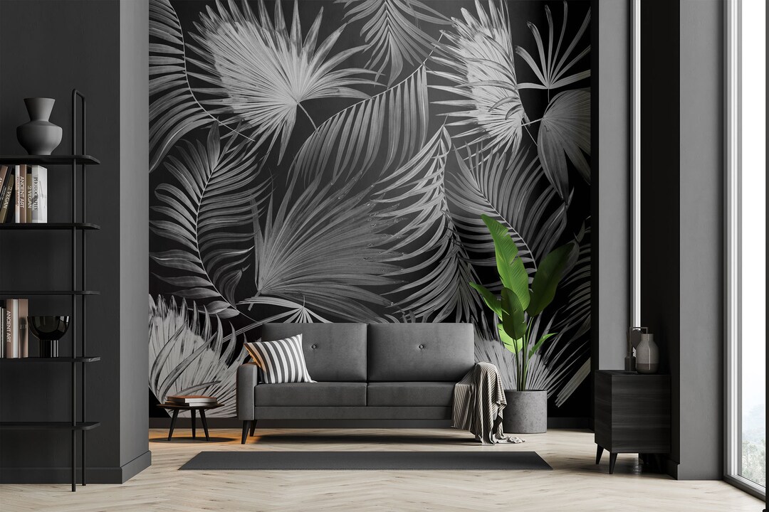 Tropical Watercolor Black and White Mural With Palm and Coconut Leaves ...