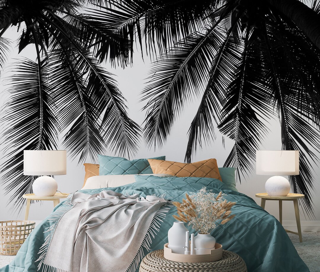 Dark Hanging Palm Leaves Wallpaper With a White Background II • Peel ...
