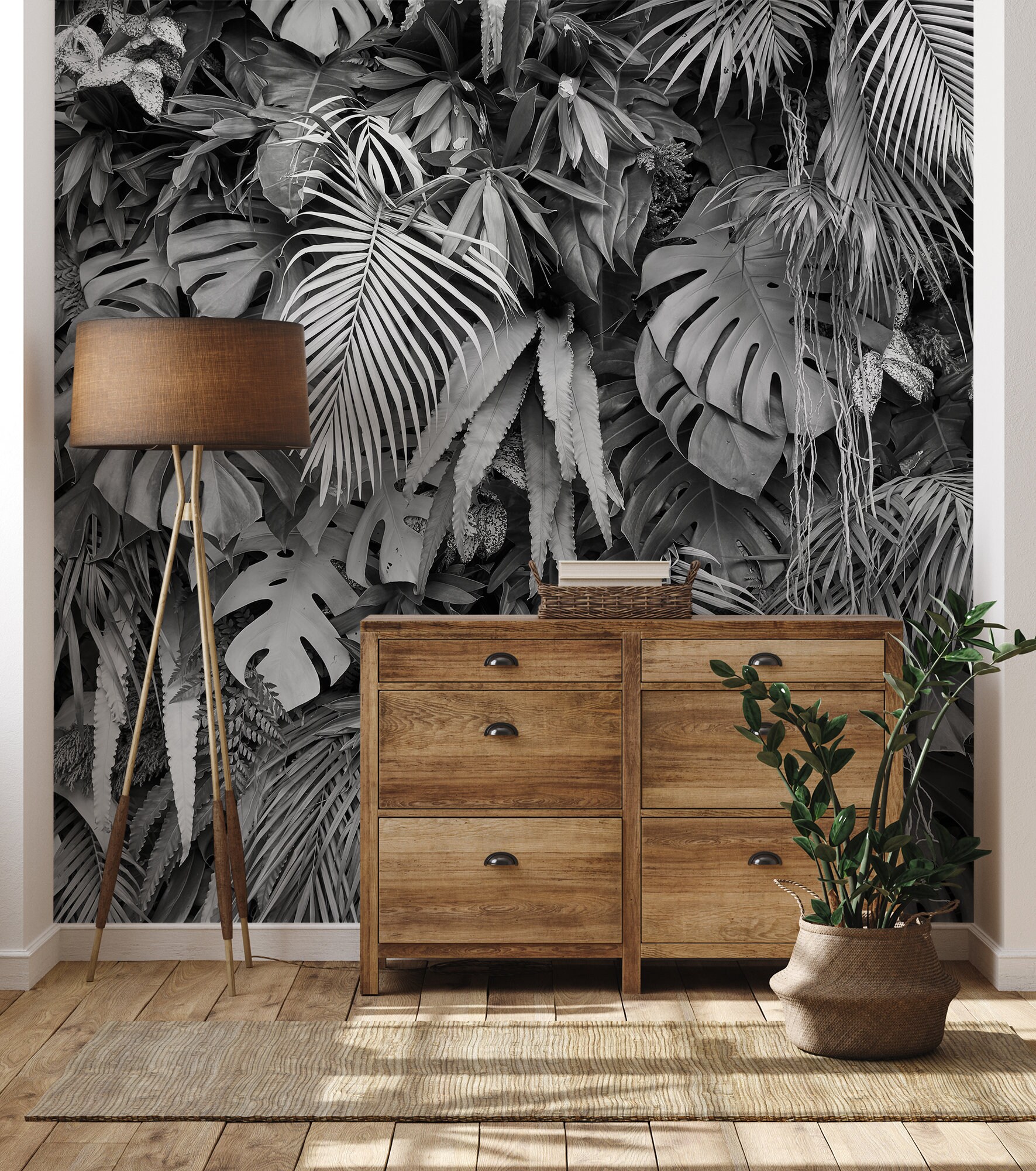 Black and White Tropical Leaves Photo Wallpaper | Self Adhesive | Peel ...