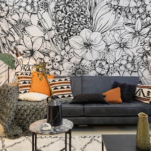 Black and White Art Deco Floral Line Art Wallpaper • Peel and Stick *self adhesive* or Non-Pasted Vinyl Materials •