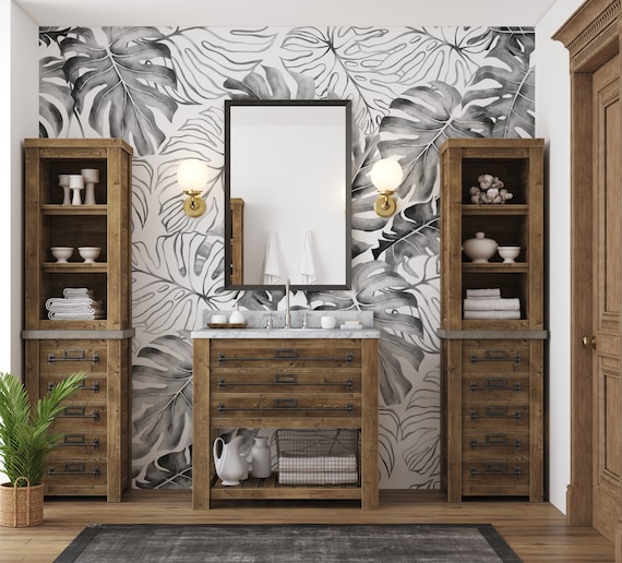 Black and white watercolor monstera leaf pattern | Self adhesive | Peel & Stick | Repositionable removable wallpaper