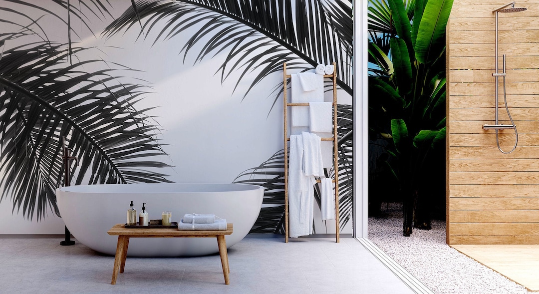 White Wallpaper With Black Palm Leaves Hanging | Self Adhesive | Peel ...