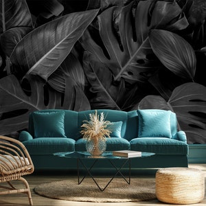 Black and white tropical leaves photo wallpaper Self adhesive Peel & Stick Repositionable removable wallpaper image 3