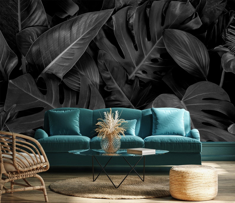 Black and white tropical leaves photo wallpaper Self adhesive Peel & Stick Repositionable removable wallpaper image 3