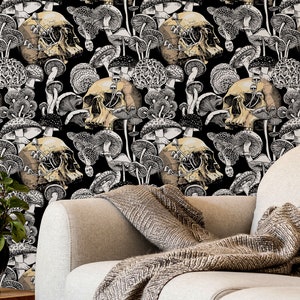 Dark mushroom and skull pattern wallpaper | Self adhesive | Peel and Stick | Repositionable removable wallpaper