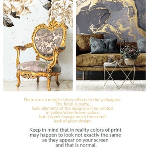 May include: Two mockups of wallpaper designs. The first design features a floral pattern in gold and white on a textured background. The second design features a marble pattern in black and gold. The text "There are no metallic/shiny effects to the wallpapers. The finish is matte. Gold elements of the designs will be printed in yellow/olive/brown colors, but it won't change much the overall look of given design. Keep in mind that in reality colors of print may happen to look not exactly the same as they appear on your screen and that is normal. Our mockups are demonstrative. We do our best to make the wallpapers look as authentic as we can, but it's not always possible to achieve such result. BLACK AND WHITE WALL" is visible at the bottom of the image.