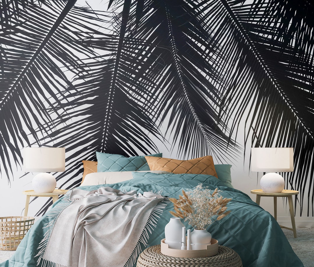 Hanging Palm Leaves Black & White Wallpaper, Tropical Leaves Wall Mural ...