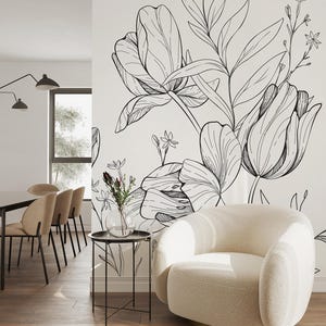 Papier peint vintage blanc tulipes, fresque murale botanique noire et blanche • Matériaux en vinyle auto-adhésifs ou non encollés •