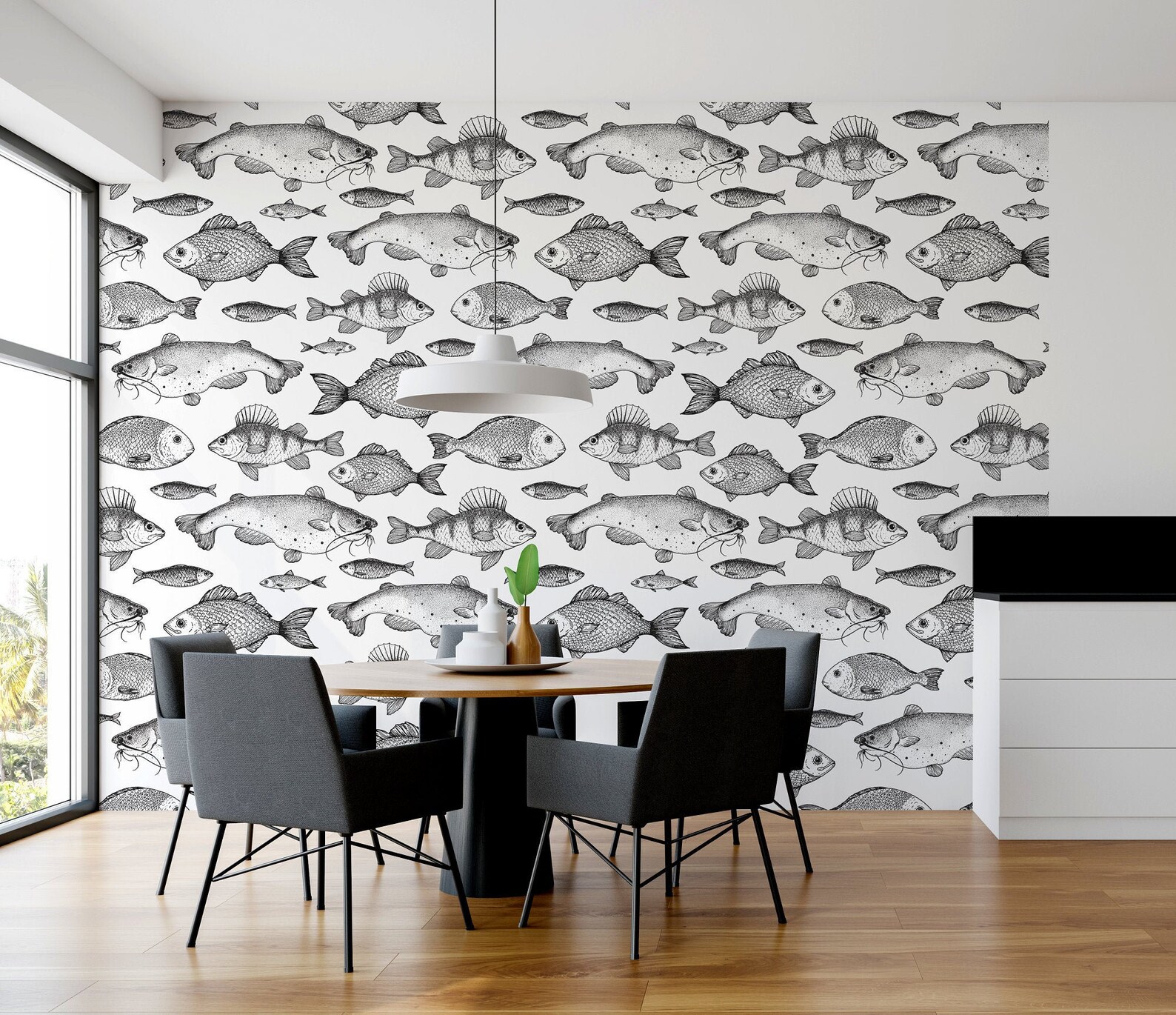 Black and White Fish Pattern Photo Wallpaper | Self Adhesive | Peel ...