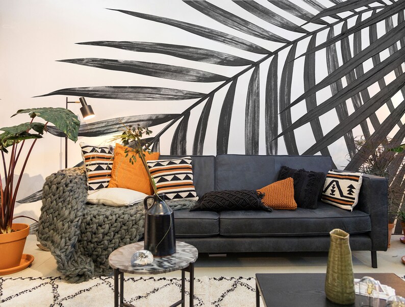 Palm Leaf Black & White Wallpaper, Tropical Leaf Wall Mural • Peel and ...