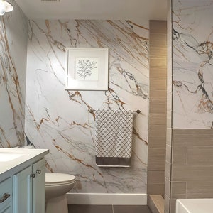 Natural White Marble Stone Wallpaper with Brown and Gray Veins • Peel and Stick *self adhesive* or Non-Pasted Vinyl Materials •