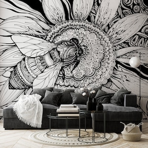 Black and white wallpaper with sunflower and bee line art | Self adhesive | Peel & Stick | Repositionable removable wallpaper