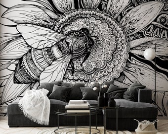 Black and white wallpaper with sunflower and bee line art | Self adhesive | Peel & Stick | Repositionable removable wallpaper