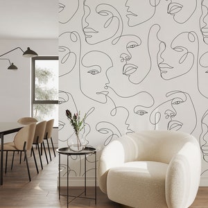Abstract Faces White & Black Wallpaper, Modern Art Wall Mural • Peel and Stick *self adhesive* or Non-Pasted Vinyl Materials •