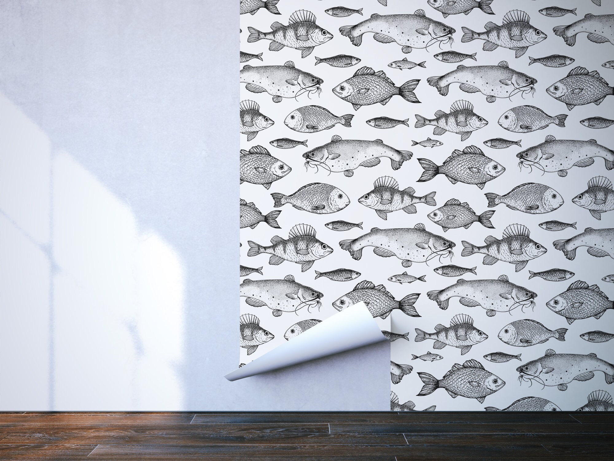 Black and White Fish Pattern Photo Wallpaper | Self Adhesive | Peel ...