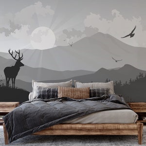 Abstract Deer & Mountain Landscape Wallpaper, Black and White Wall Mural • Peel and Stick *self adhesive* or Non-Pasted Vinyl Materials •