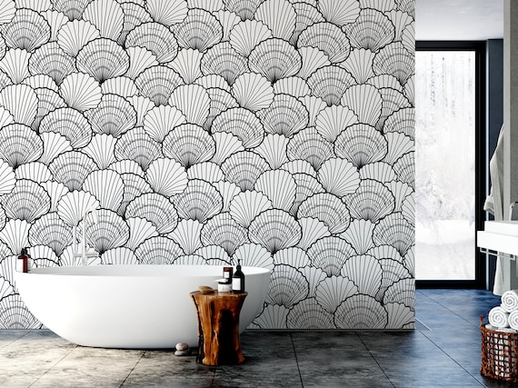 frequentie weduwe Puno Zwart-witte schelpen patroon behang Zelfklevend Peel & - Etsy België