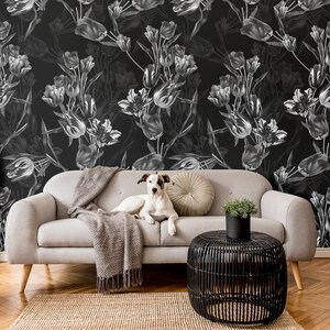 Papier peint à motif de tulipes hollandaises noir et blanc | Auto-adhésif | Décoller et coller | Papier peint amovible repositionnable