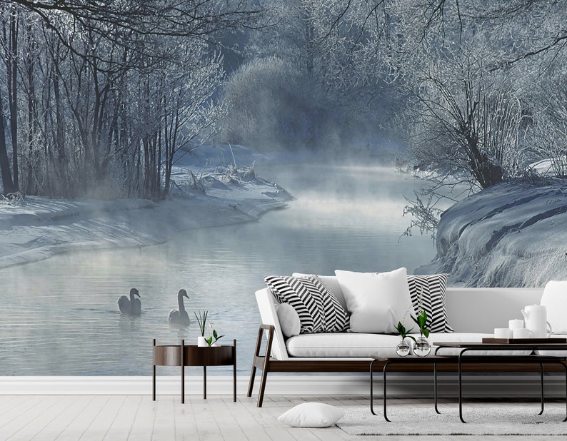 Winter snowy forest and river photo wallpaper Self adhesive Etsy