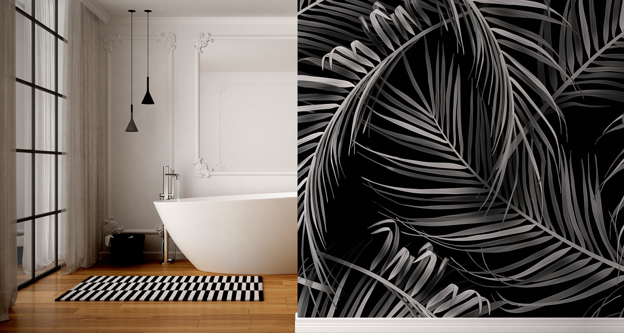 Black Wallpaper With White Palm Leaves | Self Adhesive | Peel & Stick ...