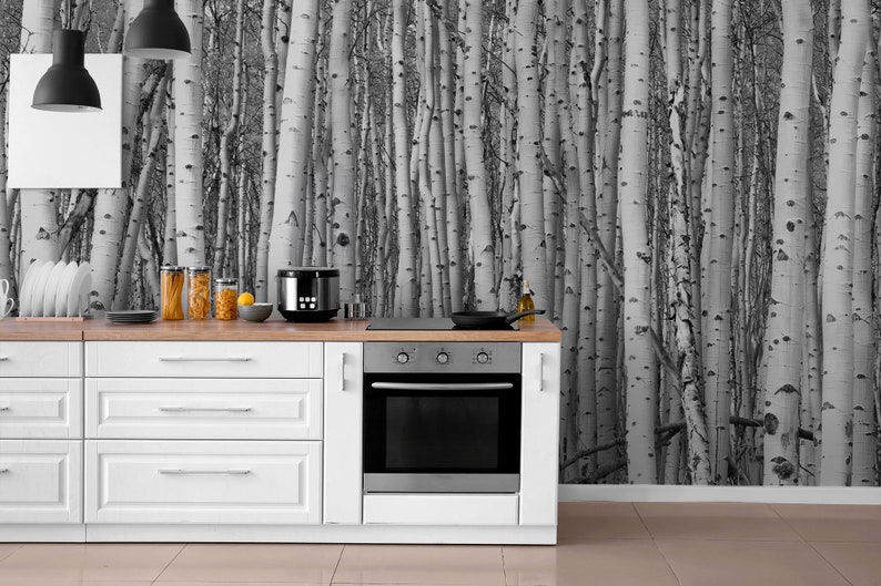 Birch Tree Forest Wallpaper, Black and White Trees Wall Mural • Peel ...