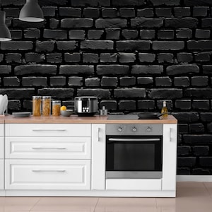Black brick wall photo wallpaper | Self adhesive | Peel & Stick | Repositionable removable wallpaper