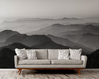 Black and white foggy hills wallpaper | Self adhesive | Peel & Stick | Repositionable removable wallpaper