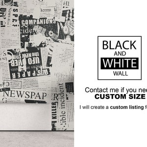 May include: Black and white newspaper print wallpaper. The wallpaper features a repeating pattern of newspaper headlines and text. The text is in a variety of fonts and sizes. The wallpaper is perfect for adding a modern and edgy touch to any room.