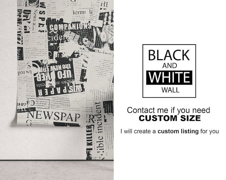 May include: Black and white newspaper print wallpaper. The wallpaper features a repeating pattern of newspaper headlines and text. The text is in a variety of fonts and sizes. The wallpaper is perfect for adding a modern and edgy touch to any room.