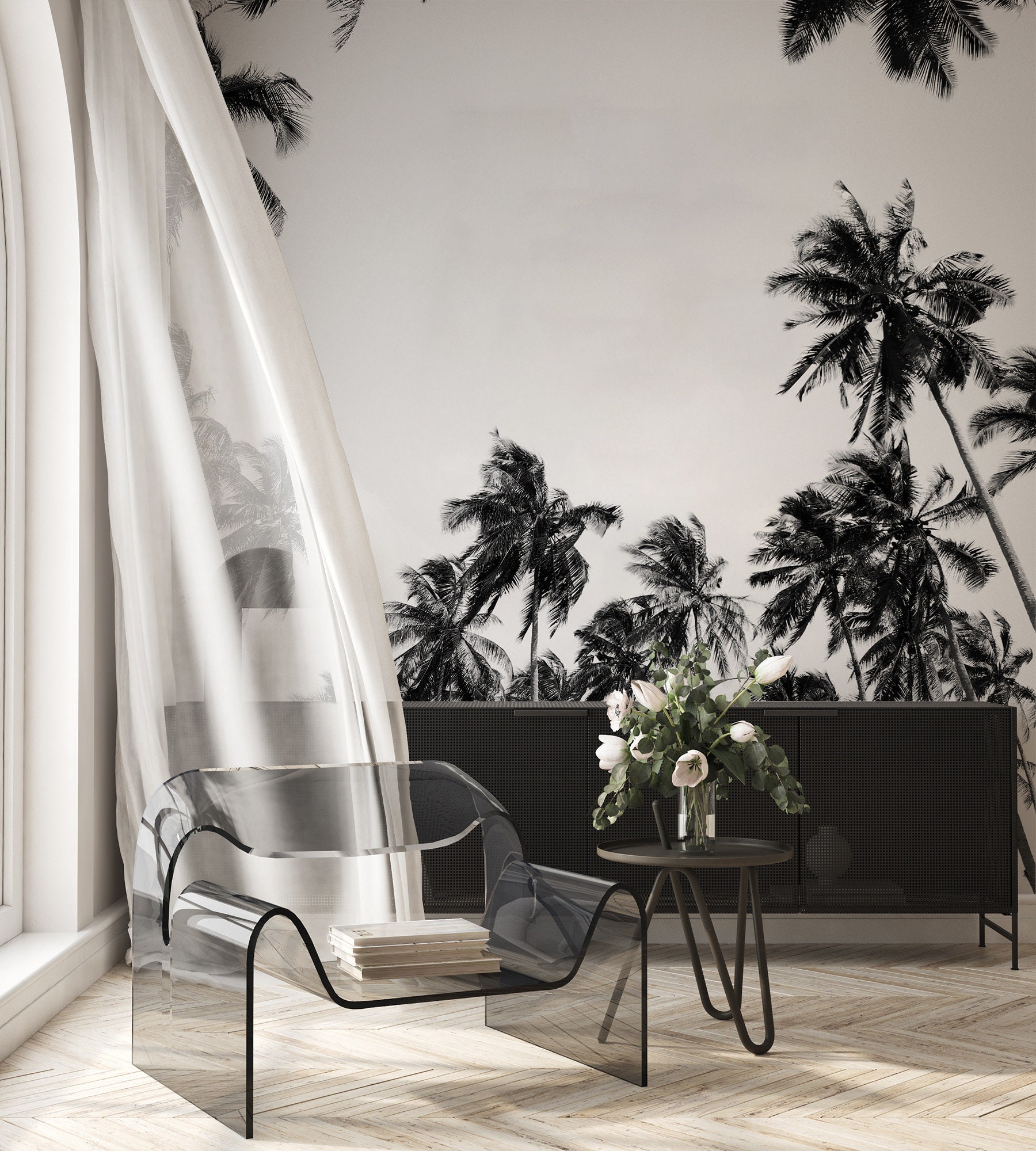 Monochrome Palm Trees Tropical Black and White Photo Wallpaper • Peel ...
