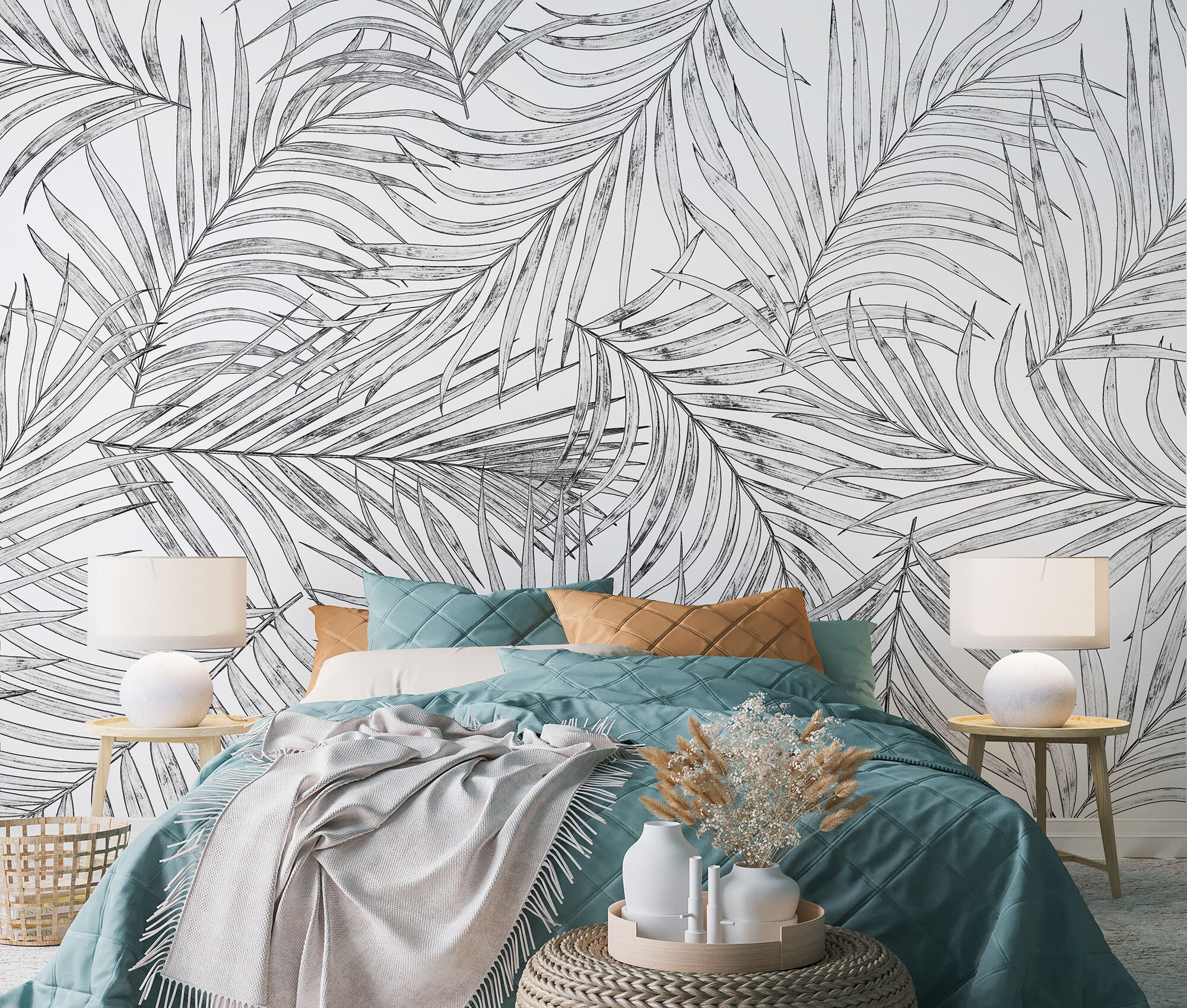 Light Palm Leaf Wall Mural, White Tropical Leaves Wallpaper • Peel and ...