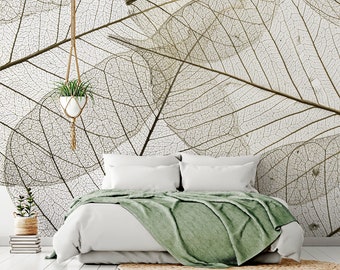 White wallpaper with transparent leaves | Self adhesive | Peel & Stick | Repositionable removable wallpaper