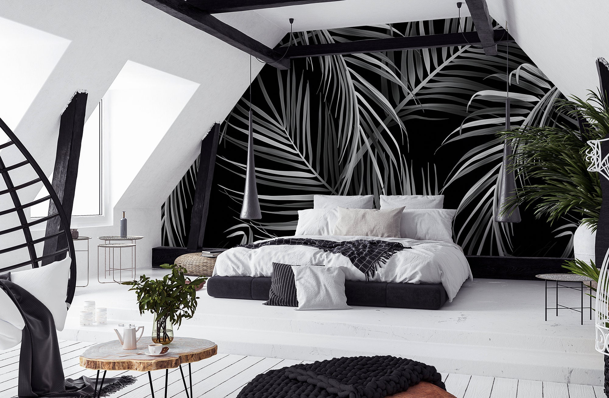 Black Wallpaper With White Palm Leaves | Self Adhesive | Peel & Stick ...