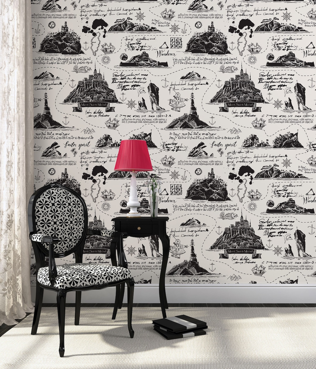 Vintage Nautical Themed Wallpaper, Sailboat, Island, Helm, Anchor Self