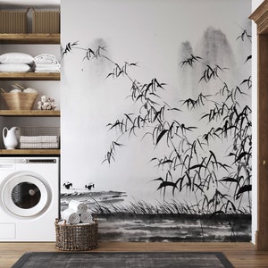 Black and white Chinese lake landscape wallpaper | Self adhesive | Peel and Stick | Repositionable removable wallpaper