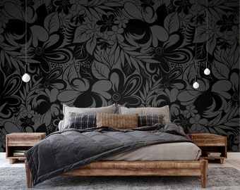 Monochrome dark wall flower pattern photo wallpaper | Self adhesive | Peel & Stick | Repositionable removable wallpaper