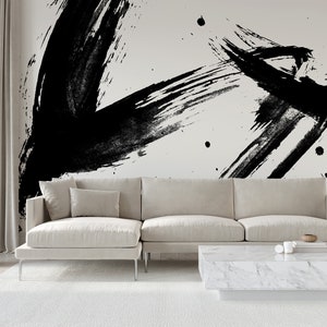 Black and White Brush Strokes Abstract Wallpaper • Peel and Stick *self adhesive* or Non-Pasted Vinyl Materials •