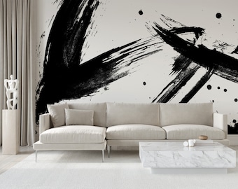 Black and White Brush Strokes Abstract Wallpaper • Peel and Stick *self adhesive* or Non-Pasted Vinyl Materials •