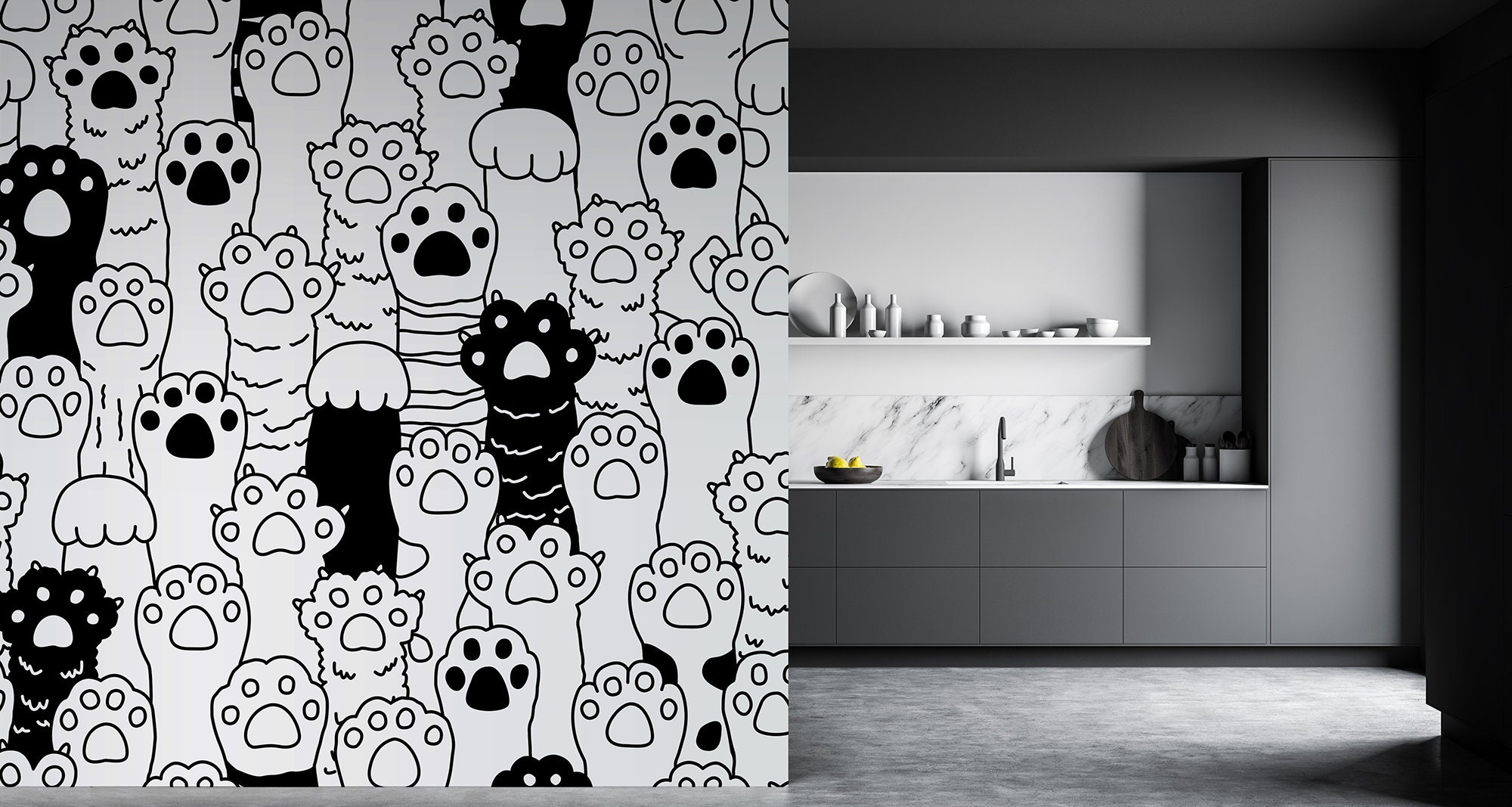 Black and White Vector Cat Paws Wallpaper | Self Adhesive | Peel ...