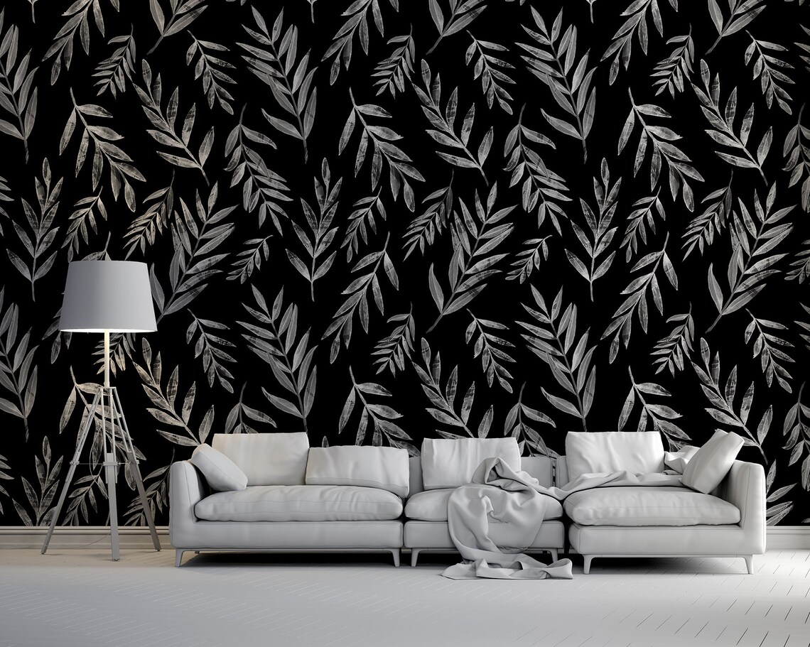 Black Wallpaper With White Leaves Pattern | Self Adhesive | Peel ...