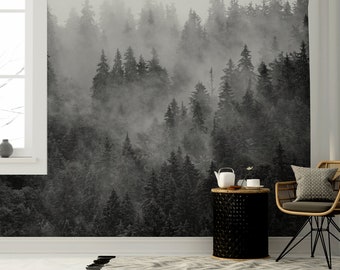 Monochrome foggy forest photo wallpaper | Self adhesive | Peel & Stick | Repositionable removable wallpaper