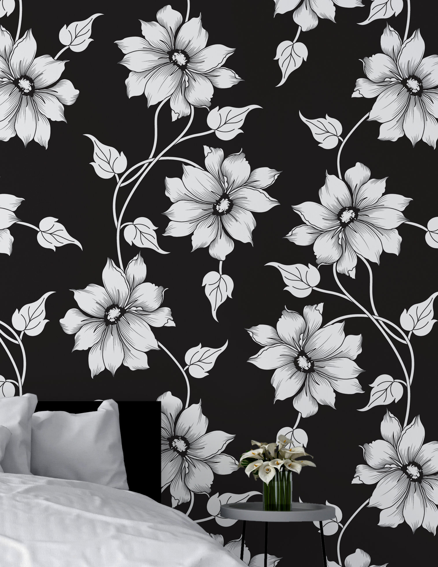 Black wallpaper with white floral pattern Self adhesive | Etsy
