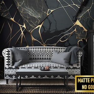 Polished Dark Cracked Marble Stone Wallpaper with Yellow Liquid Veins • Peel and Stick *self adhesive* or Non-Pasted Vinyl Materials •