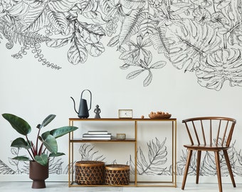 Papel pintado blanco con hojas tropicales colgantes, mural botánico para pared • Autoadhesivo o sin adhesivo • Materiales de vinilo •