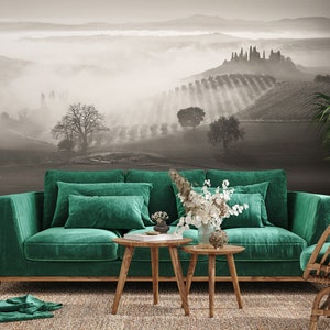 Sepia Fields and Lake Landscape Wall Mural, Vintage Photo Wallpaper • Peel and Stick *self adhesive* or Non-Pasted Vinyl Materials •
