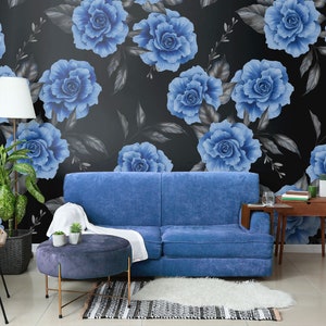 Black floral wallpaper with blue rose accent | Self adhesive | Peel & Stick | Repositionable removable wallpaper