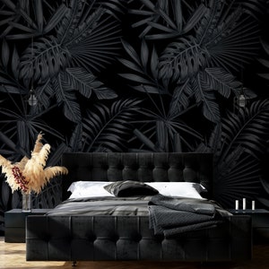Dark elegant tropical leaves pattern wallpaper | Self adhesive | Peel & Stick | Repositionable removable wallpaper
